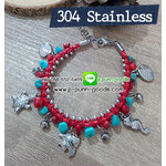 ข้อมือเชือกเทียนถัก จี้สแตนเลสชุดสัตว์ทะเล หินปะการังแดงและเทอร์ควอยส์