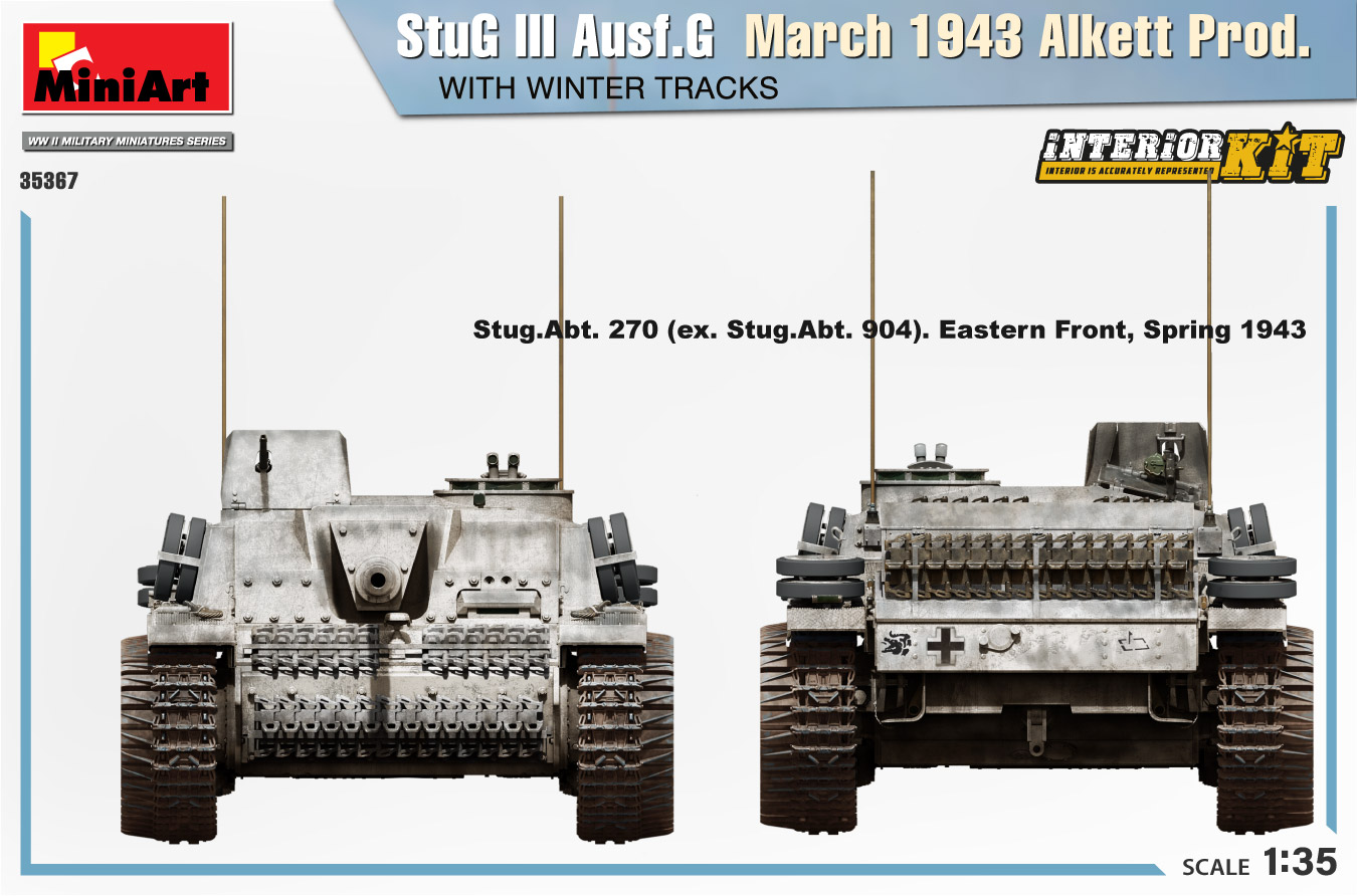 โมเดลรถถังเยอรมัน สงครามโลกครั้งที่ 2 MiniArt ขนาด 1/35 MI35367 StuG III Ausf. G March 1943 ALKETT PROD. WITH WINTER TRACKS. INTERIOR KIT