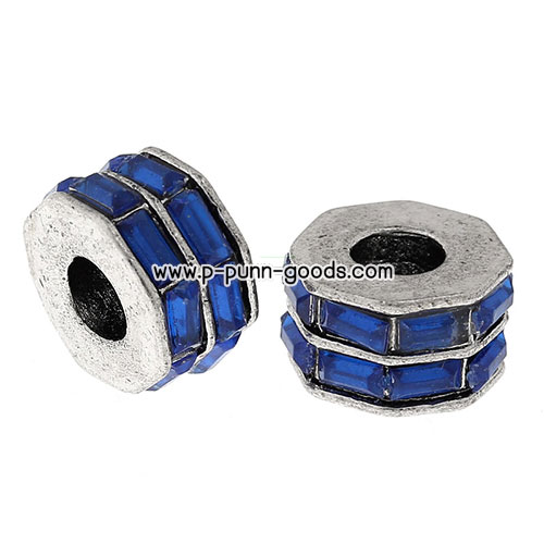 ลูกปัดแปดเหลี่ยม 11 มม. สีเงินโบราณ แถบอะคริลิคสีน้ำเงิน