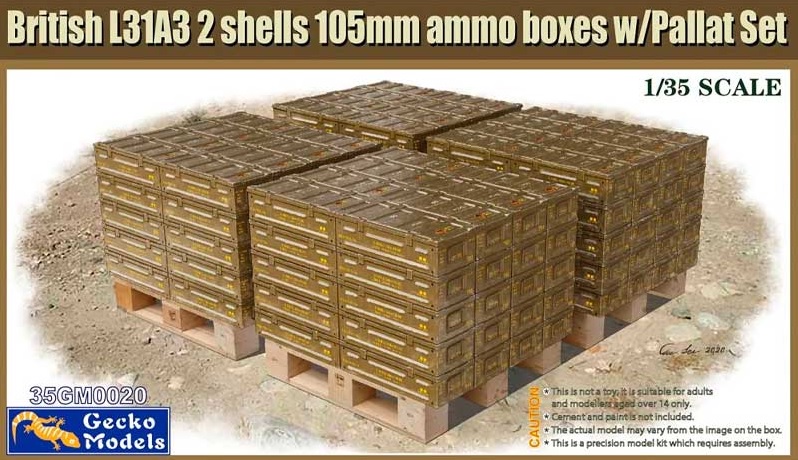 โมเดลฟิกเกอร์ทหาร ขนาด 1/35 Gecko Model 35GM0020 "British L31A3 2 shells 105mm ammo boxes w/Pallet Set"