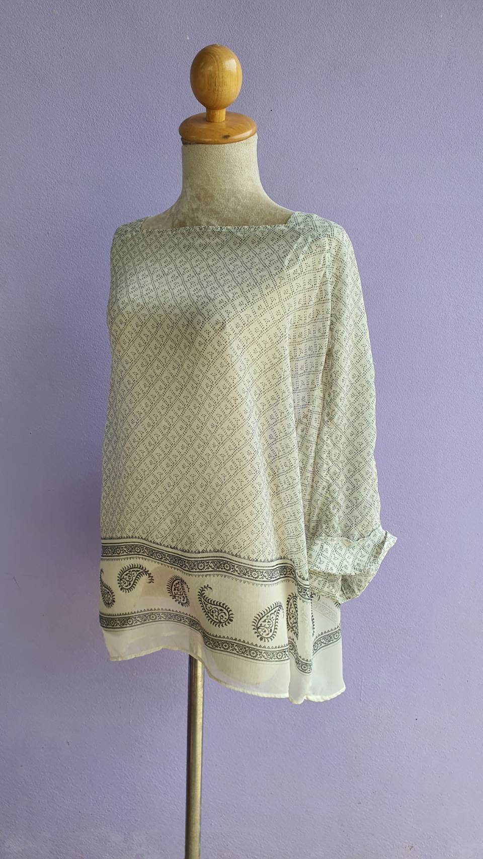 FF03075 เสื้อชีฟอง มือสอง สีขาวลาย แบรนด์ H&M อก free-44 นิื้ว