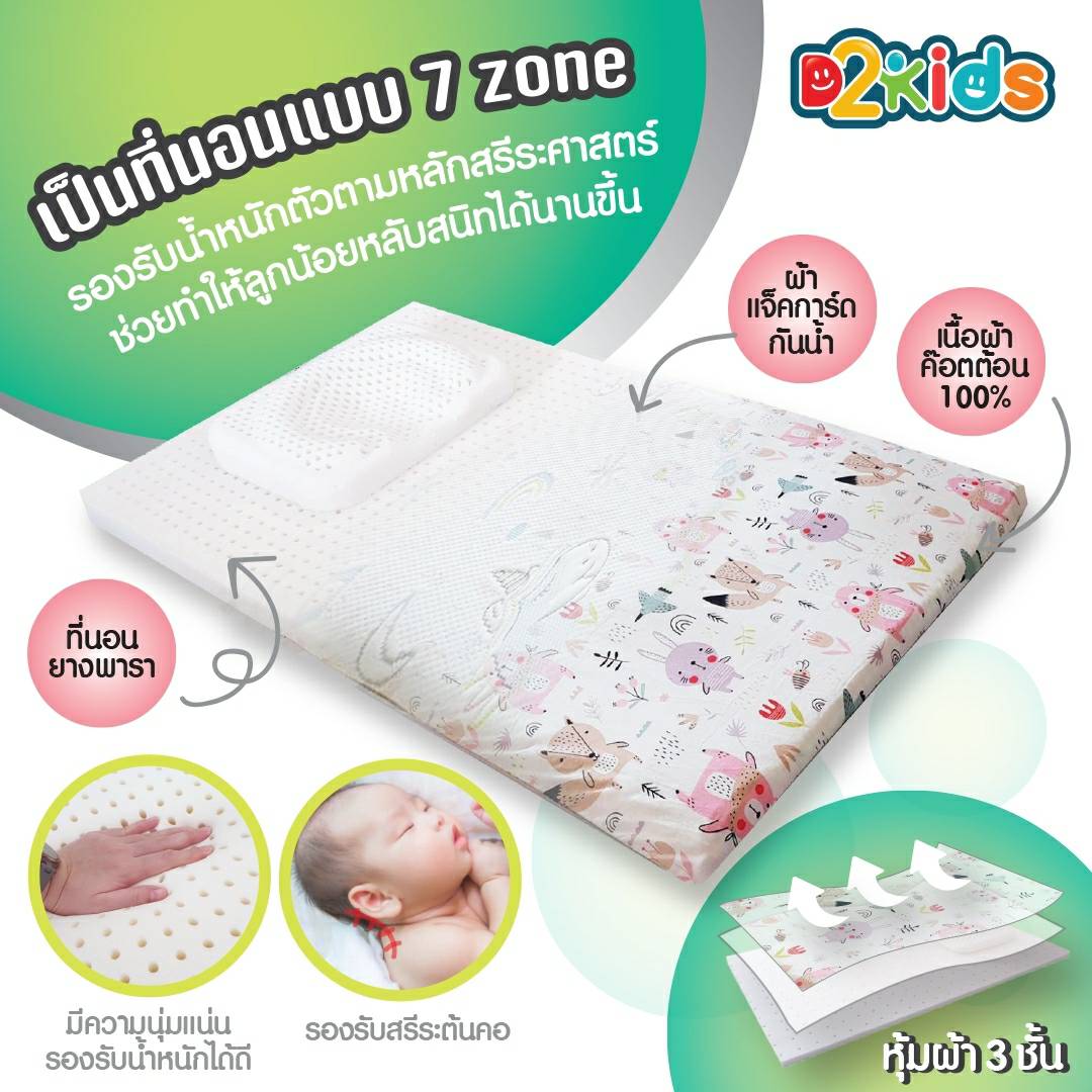 D2kids เบาะที่นอนเด็กแรกเกิดยางพาราแท้ +ผ้าห่มใยขนเป็ดเทียม เพื่อการนอนหลับของลูกน้อยที่ดีที่สุด