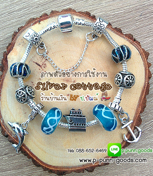 ลูกปัดสีเงิน 10x8 มม. ตกแต่งลายสีน้ำเงิน