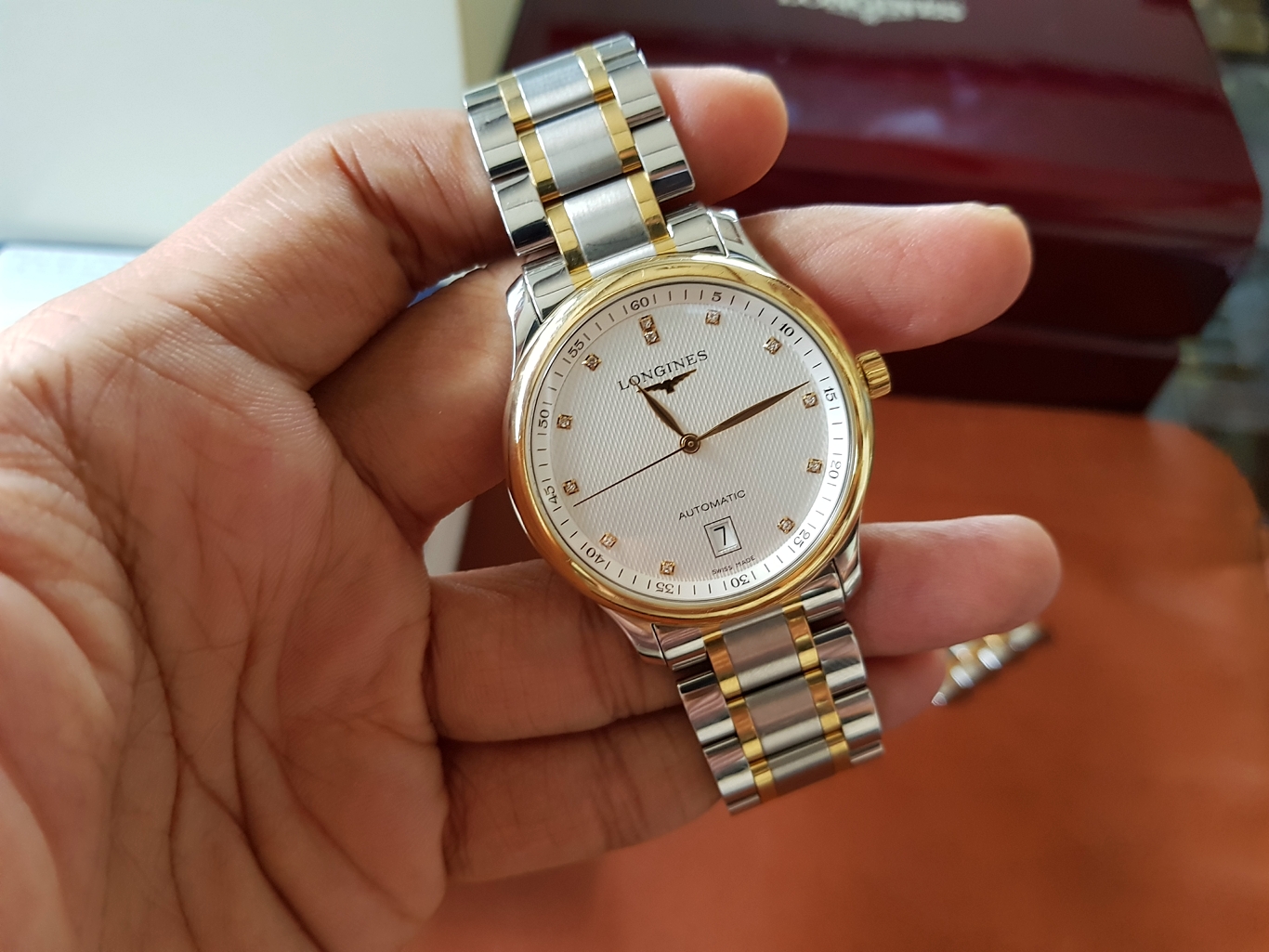 Longines Master Collection Date Automatic Stainless หุ้มทองคำ18k เพชรแท้12เม็ด 0.055กะรัต หน้าขาวลายผ้า