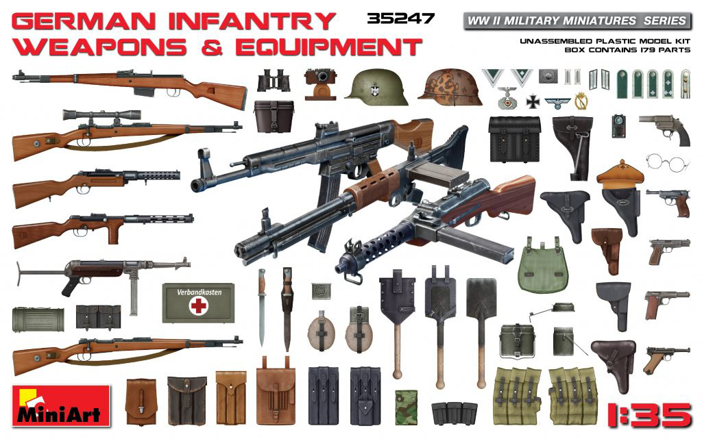 โมเดลอาวุธและอุปกรณ์ทหารเยอรมัน สงครามโลกครั้งที่ 2 MiniArt ขนาด 1/35 MI35247 GERMAN INFANTRY WEAPONS