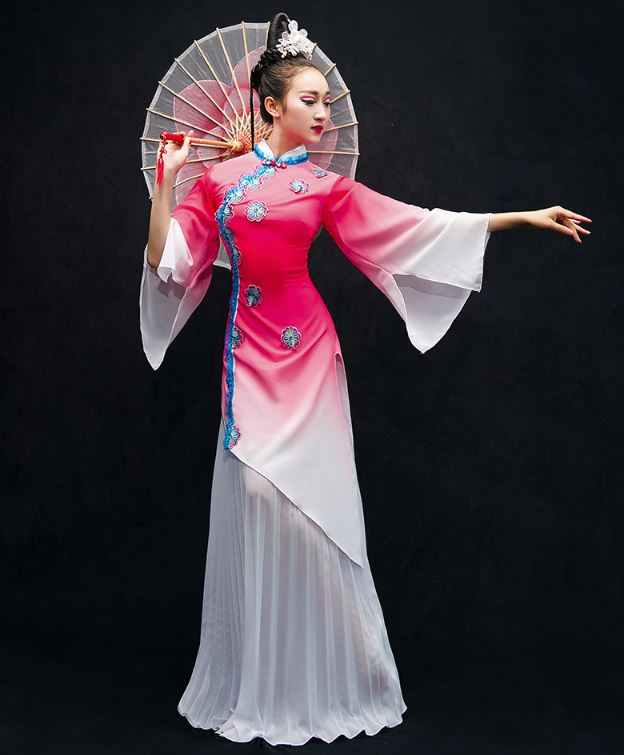 ชุดสตรีการแสดงฟ้อนรำร่มจีน 新款中国风雪纺扇子舞蹈服装伞舞 New Chinese Umbrella Dance Costume