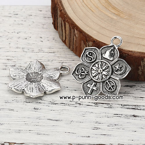จี้โอม จี้ดอกบัวอักขระอักษรโอม 28x37มม. สีเงินโบราณ