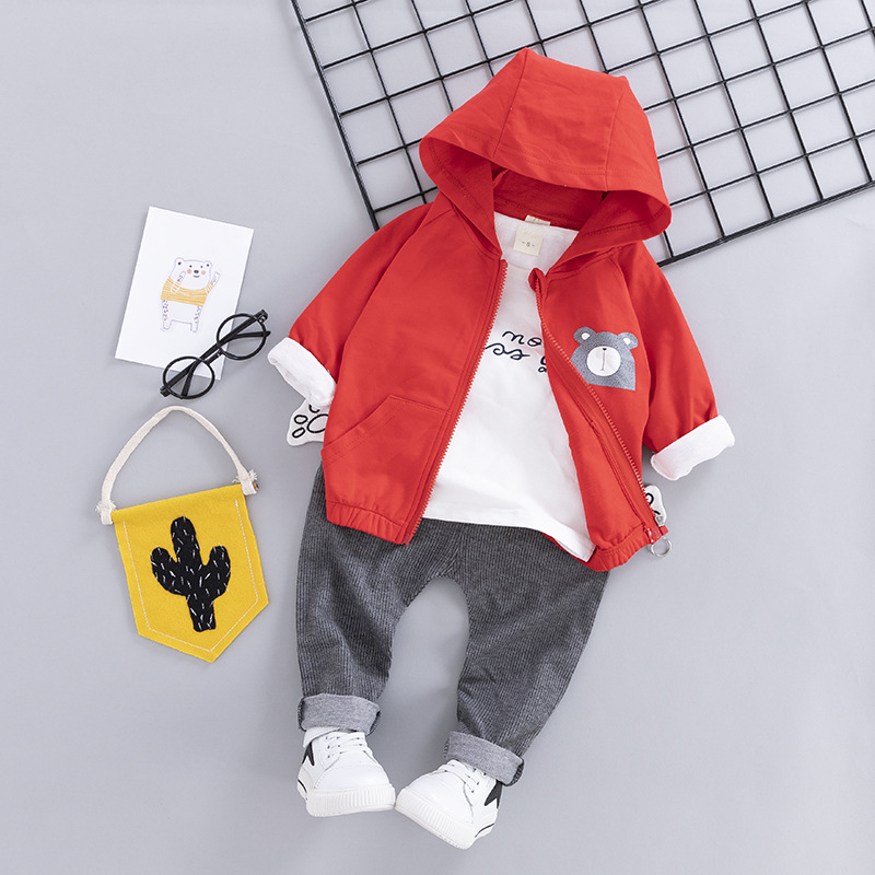 D2kids ชุดเซ็ตเด็กชายลายหมี มีฮู๊ต กางเกงสีเทา