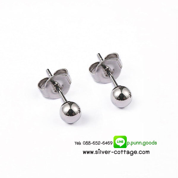 ต่่างหูหมุดบอล 4 มม. ต่างหูสแตนเลส 14x4มม. พร้อมแป้นรอง (304 Stainless Steel) 1 คู่