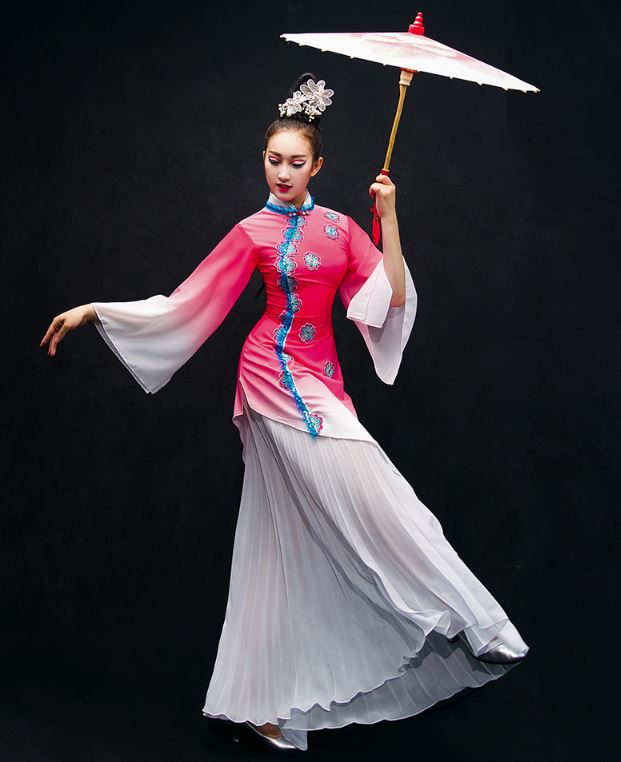 ชุดสตรีการแสดงฟ้อนรำร่มจีน 新款中国风雪纺扇子舞蹈服装伞舞 New Chinese Umbrella Dance Costume