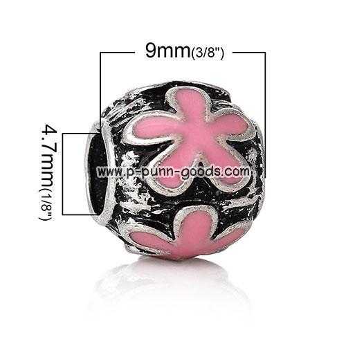 ลูกปัดลายดอกไม้ 9มม. พี้นดำดอกไม้ชมพู