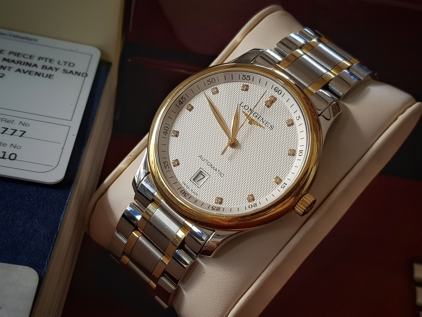 Longines Master Collection Date Automatic Stainless หุ้มทองคำ18k เพชรแท้12เม็ด 0.055กะรัต หน้าขาวลายผ้า