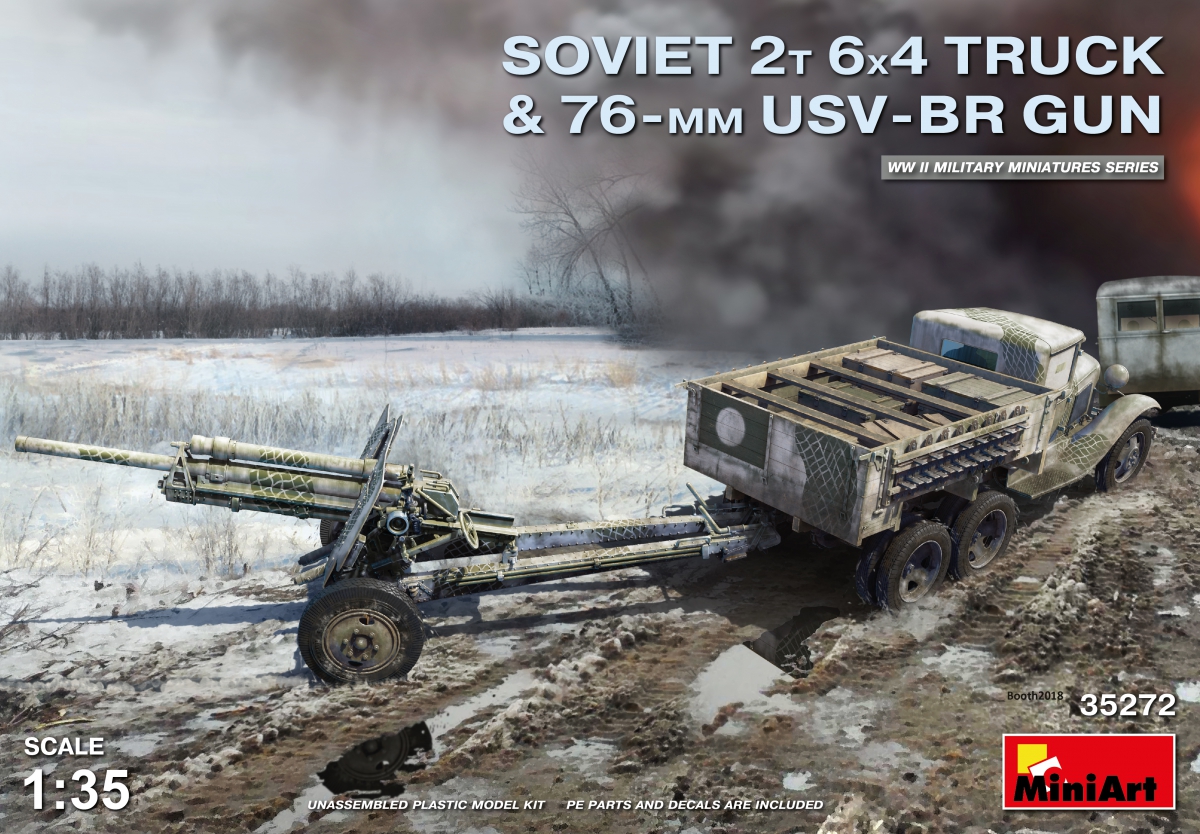 โมเดลรถบรรทุกและปืนใหญ่ สงครามโลกครั้งที่ 2 MiniArt ขนาด 1/35 MI35272 SOVIET 2T 6X4 TRUCK & 76-mm USV-BR GUN
