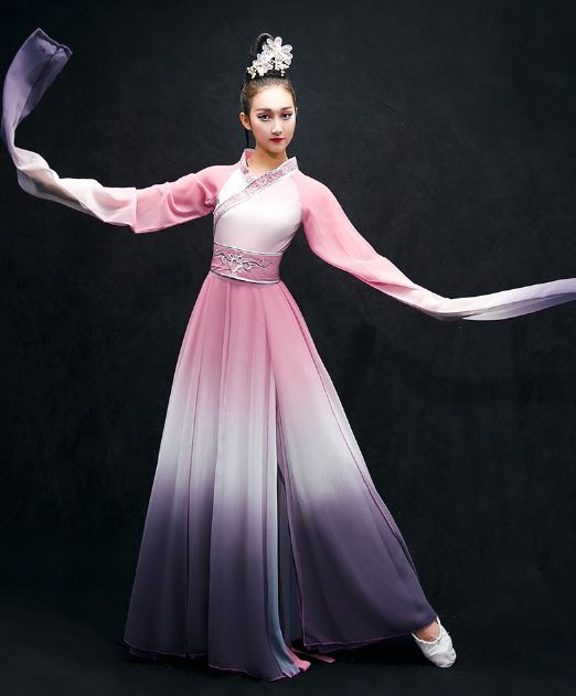 ชุดสตรีสำหรับการแสดงฟ้อนรำจีนจิงหง 新款中国风惊鸿舞蹈甩袖渐变色水袖舞服装女 Chinese Female Jing Hong Dance Costume