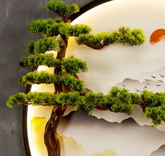 ภาพแขวนต้นสนประกอบด้วยภาพวาดแบบจีนพร้อมหลอดไฟ LED ประดับกำแพง Pine Tree Chinese Painting with LED Wall Decoration เสริมสิริมงคล เสริมฮวงจุ้ย