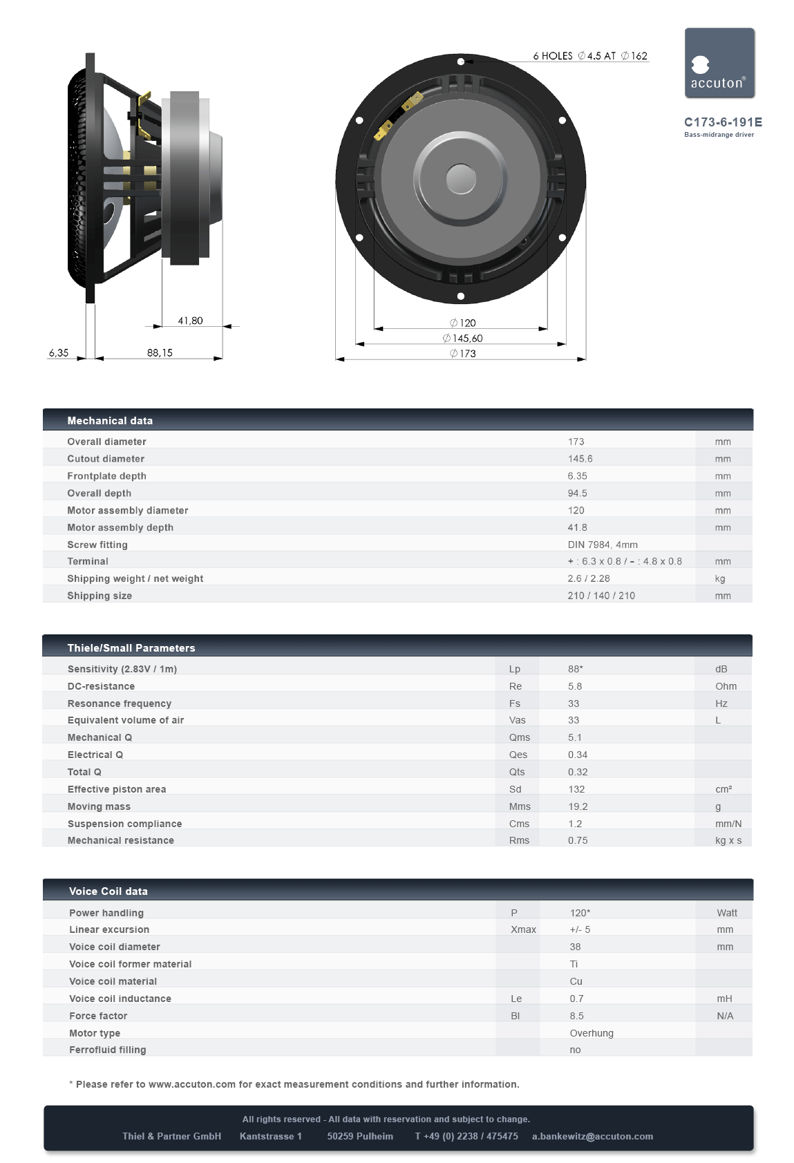 Accuton C173-6-191E 6.5" Ceramic Cut Cone Mid/bass