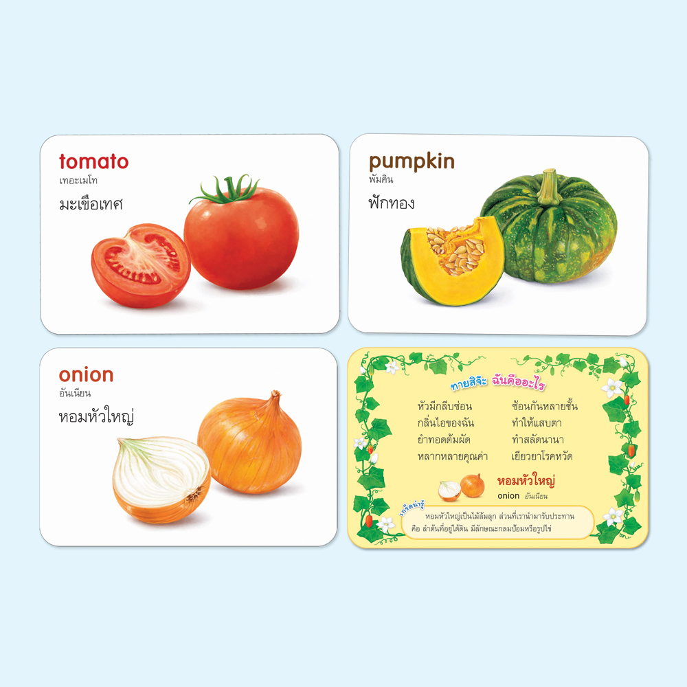 Book World Flash Card สื่อการเรียนรู้ บัตรภาพผัก 2 ภาษา (ไทย-อังกฤษ) พร้อมปริศนาคำทายให้เด็กเล่นทายชื่อผัก NEW