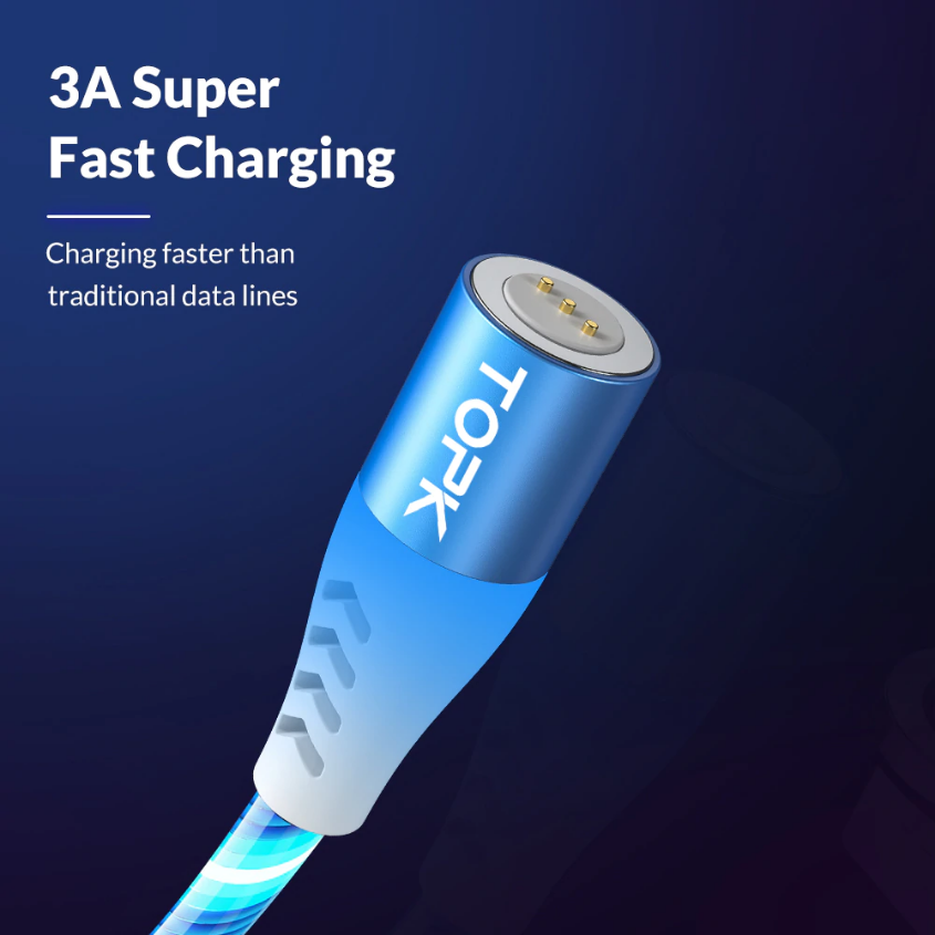 สายดาต้าหัวแม่เหล็กเรืองแสงแบบไฟวิ่งรองรับชาร์จด่วน TOPK 3A Flowing Light LED Magnetic Cable USB Type C Cable Fast charging Data Cable for Phone