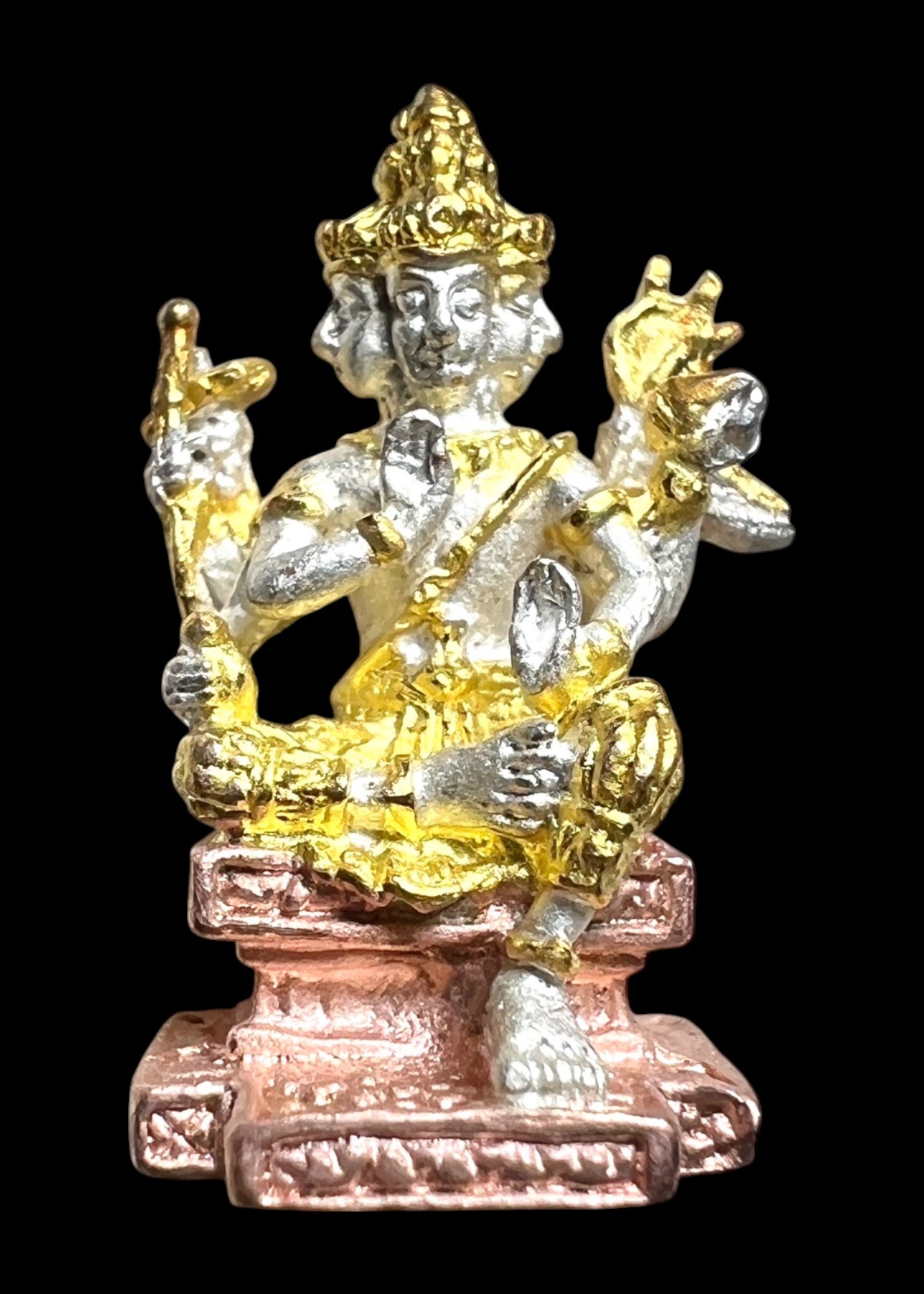 พระพรหม ลอยองค์ (พิมพ์เล็ก, ชุบสามกษัตริย์พ่นทราย) Brahma statue. (small size, sandblasted 3K plated) SKU-01842