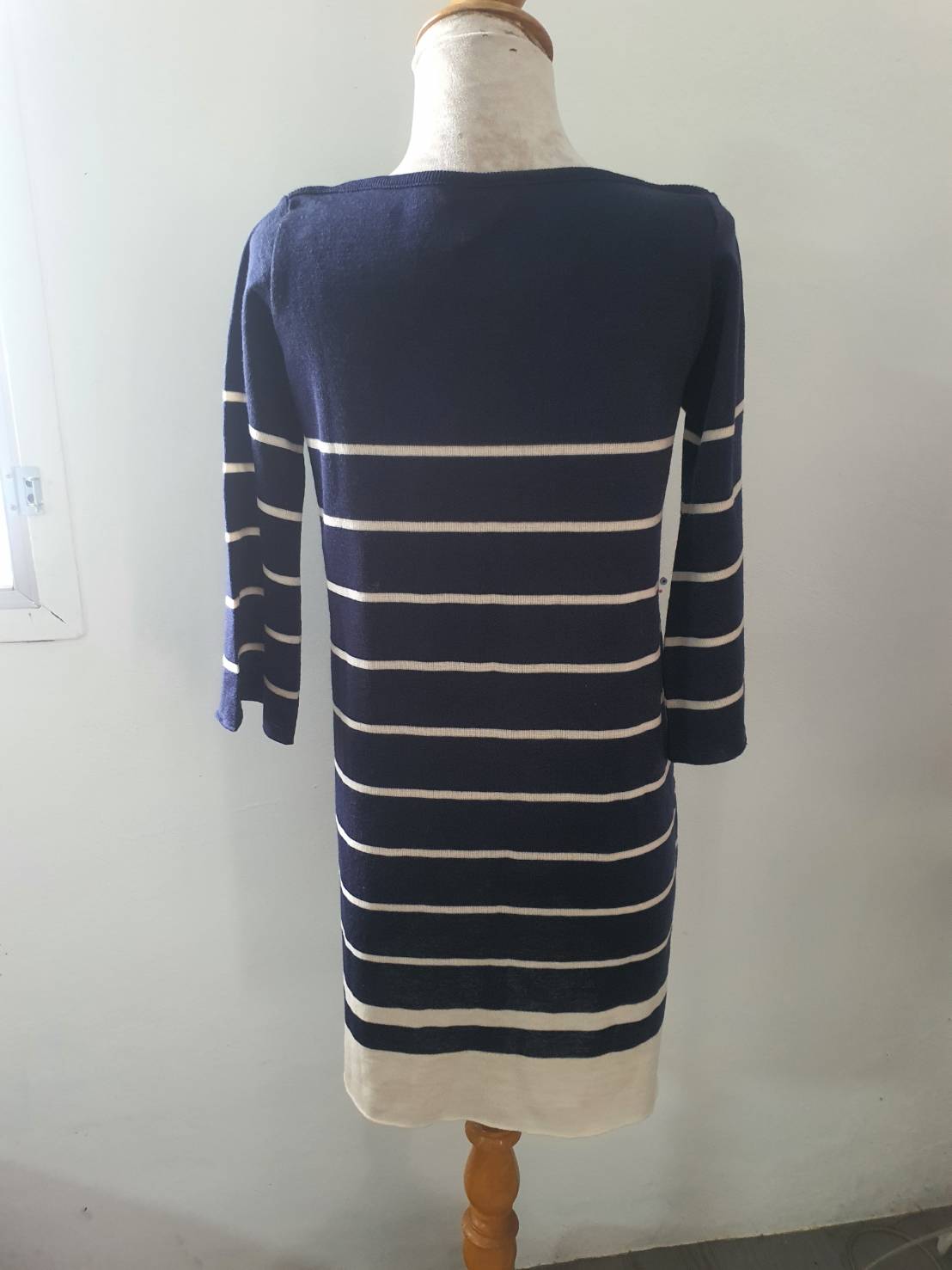 FF06457 เดรสมือสอง นิตติ้ง สีน้ำเงินกรมสลับลาย อก 34-38 นิ้ว