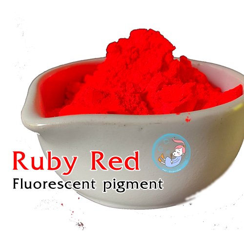 Color Red : Ruby Red fluorescent pigment - สี แดงทับทิม เม็ดสีเรืองแสงให้สีสว่างกว่าสีทั่วไป แต่ไม่เรืองแสงในที่มืด