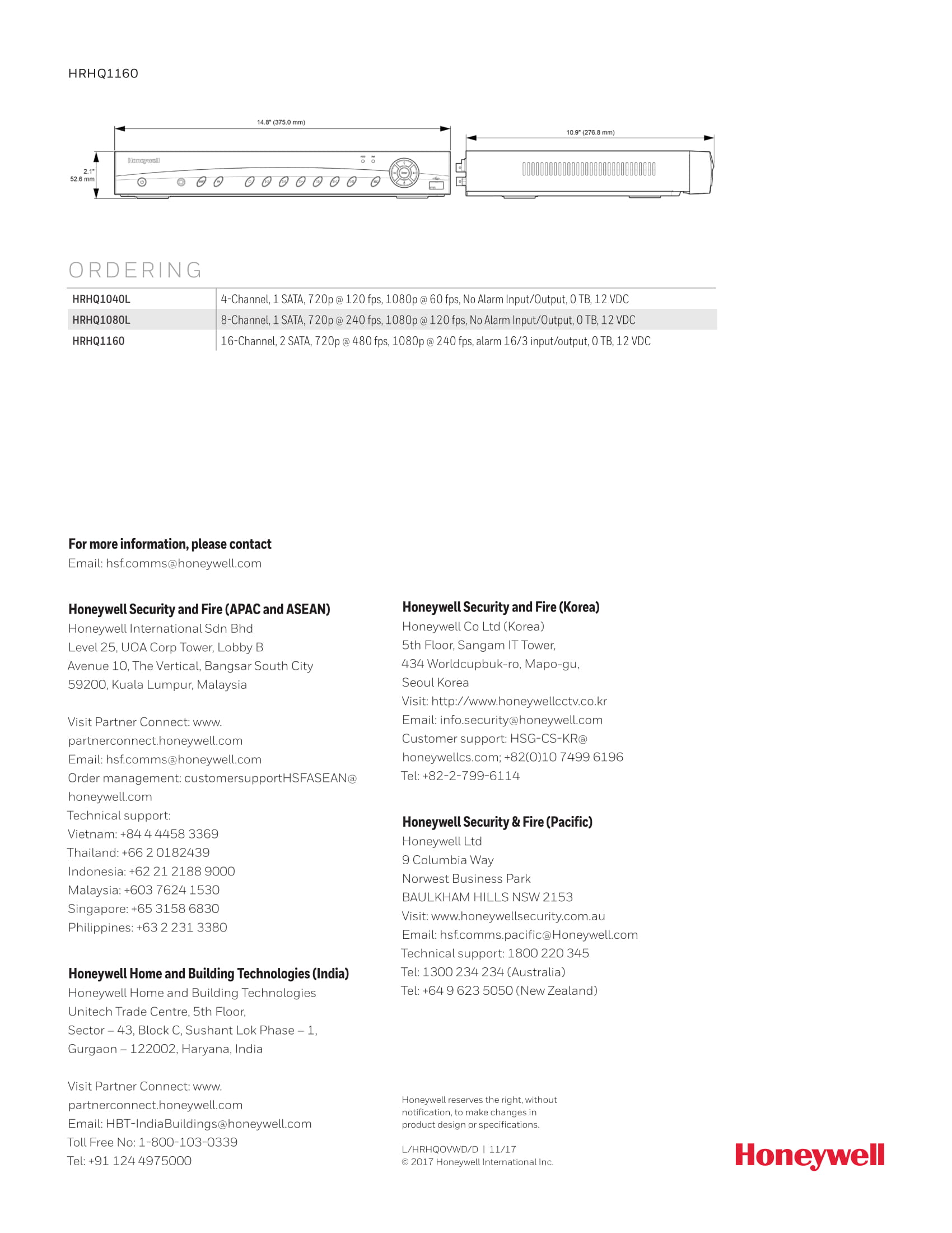เครื่องบันทึกกล้องวงจรปิด Honeywell 4CH DVR (AHD)1SATA 1080P รุ่น HRHQ1040L