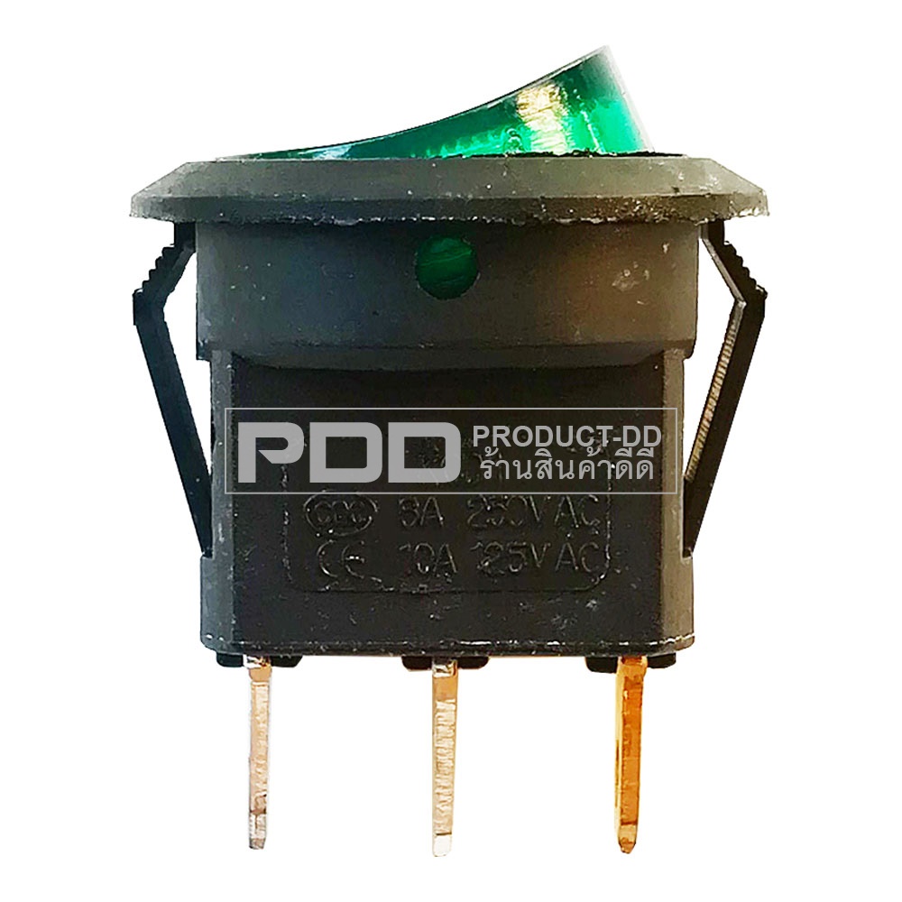 สวิตช์กระดก ON-OFF กลม 3 ขา สีเขียวมีไฟ Rocker Switch 3 Pin l-O 6A 250V AC