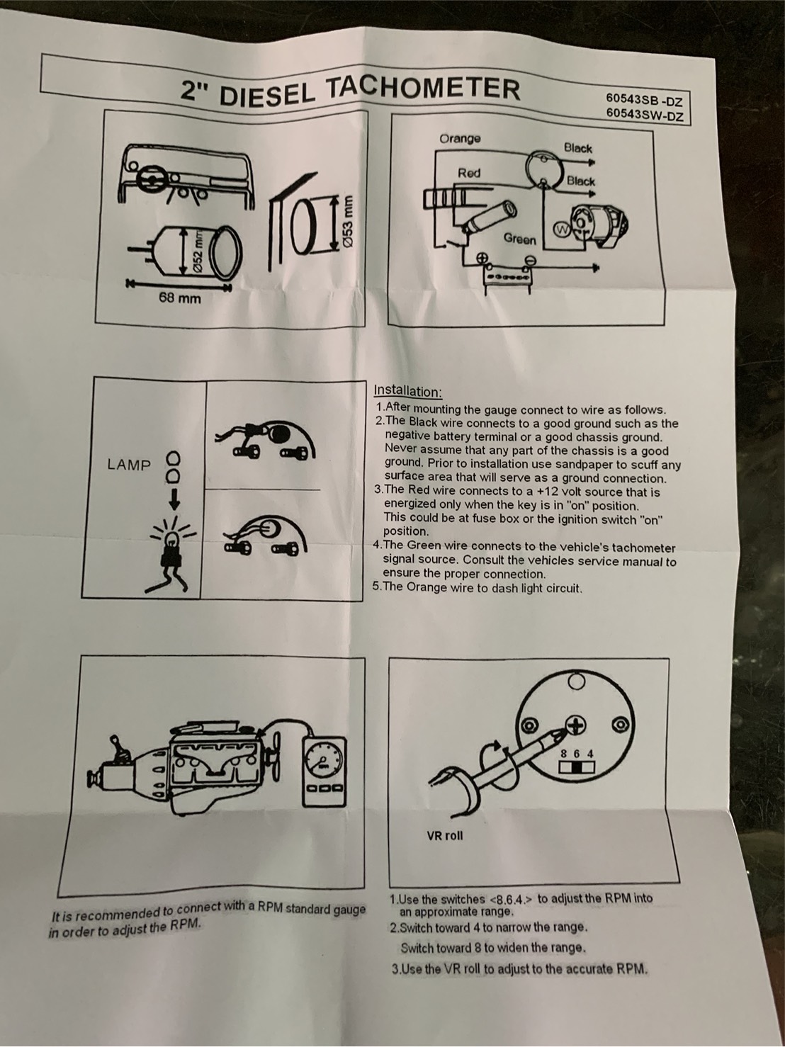 เกจ์วัดรอบดีเซล 2 นิ้ว 6000 RPM 12V ต่อกับไดชาร์ท