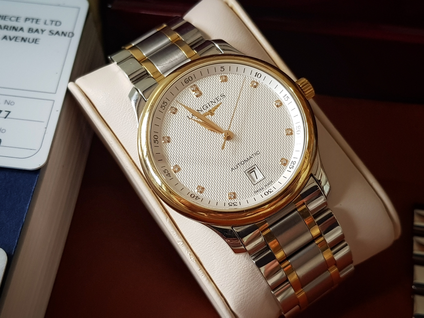 Longines Master Collection Date Automatic Stainless หุ้มทองคำ18k เพชรแท้12เม็ด 0.055กะรัต หน้าขาวลายผ้า