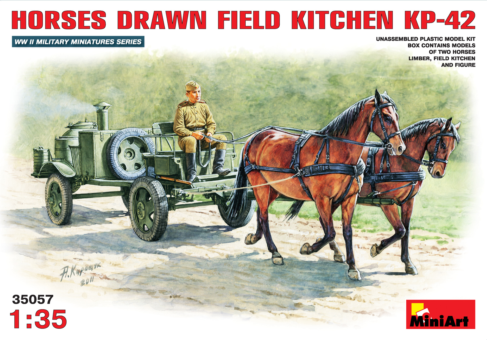 โมเดลฟิกเกอร์ทหารและม้าลากเกวียน MiniArt ขนาด 1/35 MI35057 HORSES DRAWN FIELD KITCHEN KP-42
