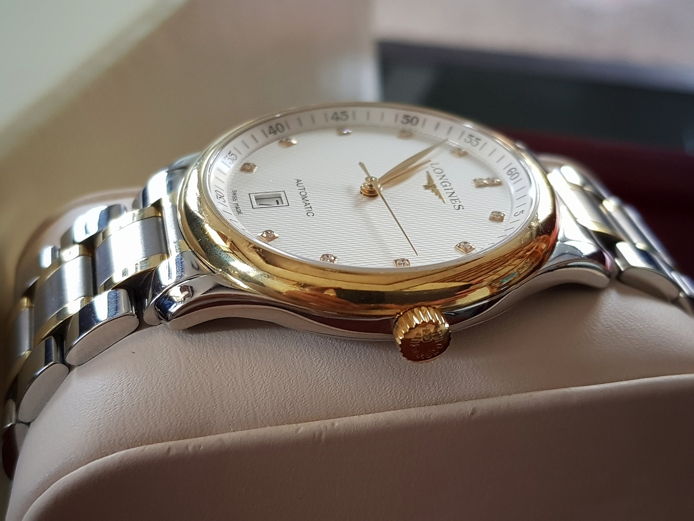 Longines Master Collection Date Automatic Stainless หุ้มทองคำ18k เพชรแท้12เม็ด 0.055กะรัต หน้าขาวลายผ้า