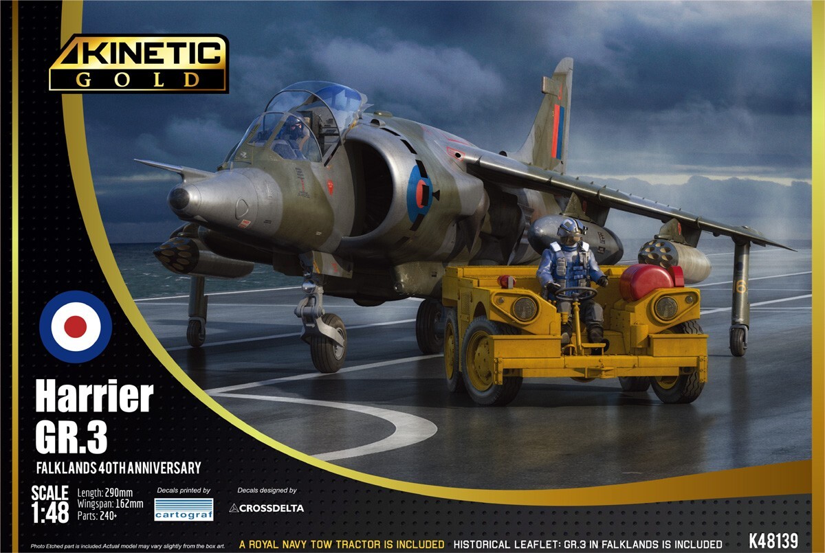 KI-K48139 Kinetic 1/48 Harrier GR.3 Falklands 40th Anniversary (includes Royal Navy Tow Tractor)