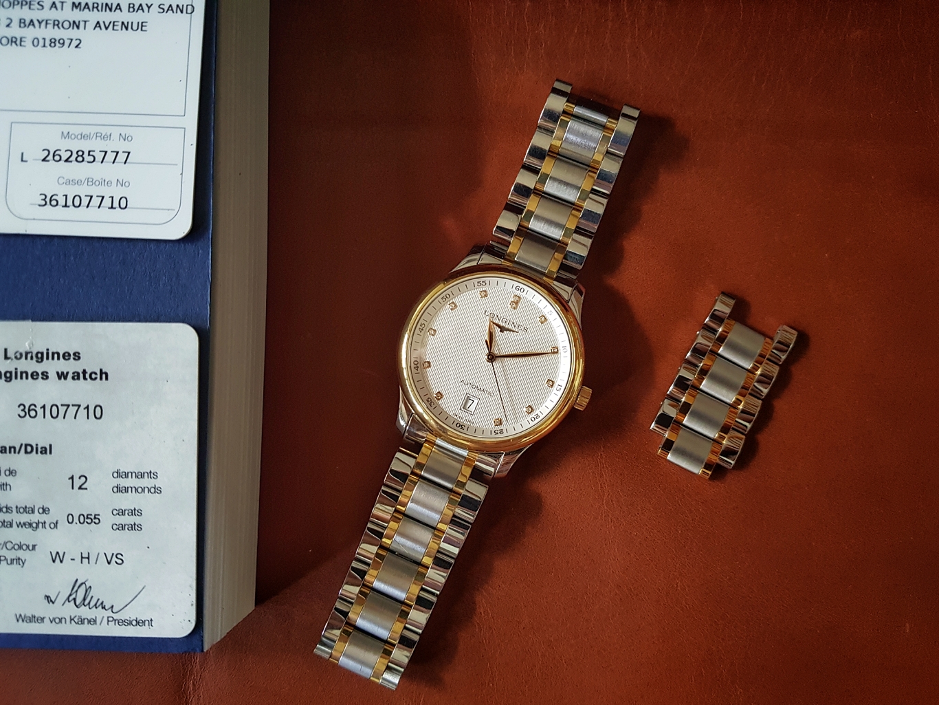 Longines Master Collection Date Automatic Stainless หุ้มทองคำ18k เพชรแท้12เม็ด 0.055กะรัต หน้าขาวลายผ้า