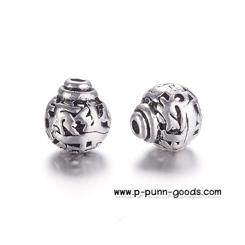 ลูกปัด 3 รู ร้อยประคำ Guru Bead 8x9 มม. สีเงินโบราณ