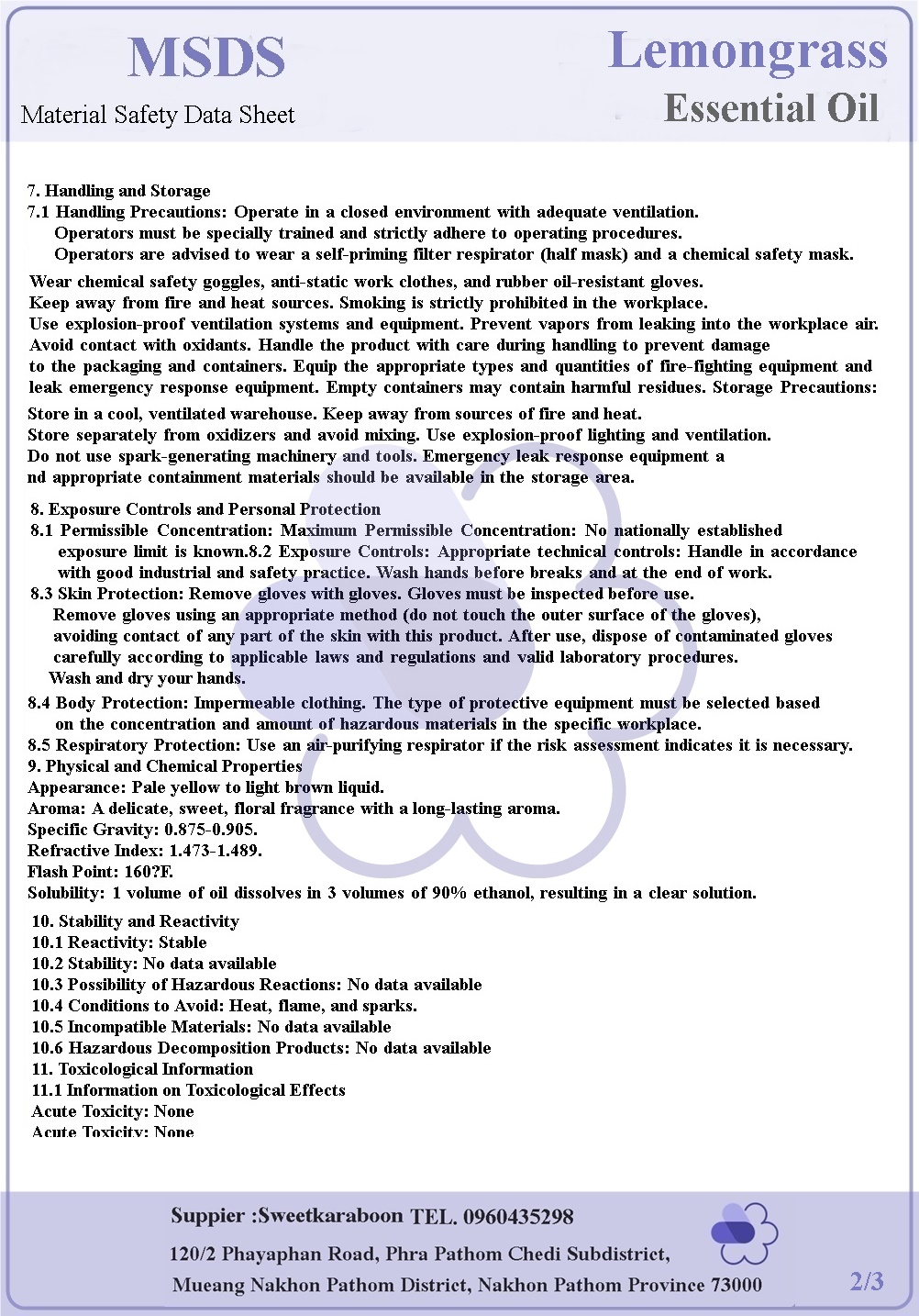 Lemongrass Essential Oil (Cymbopogon citratus) น้ำมันหอมระเหยตะไคร้บ้าน/ตะไคร้แกง sweet lemon grassy / Dissolved in oil /ละลายในน้ำมัน-ไม่เร่งเทรซ COA