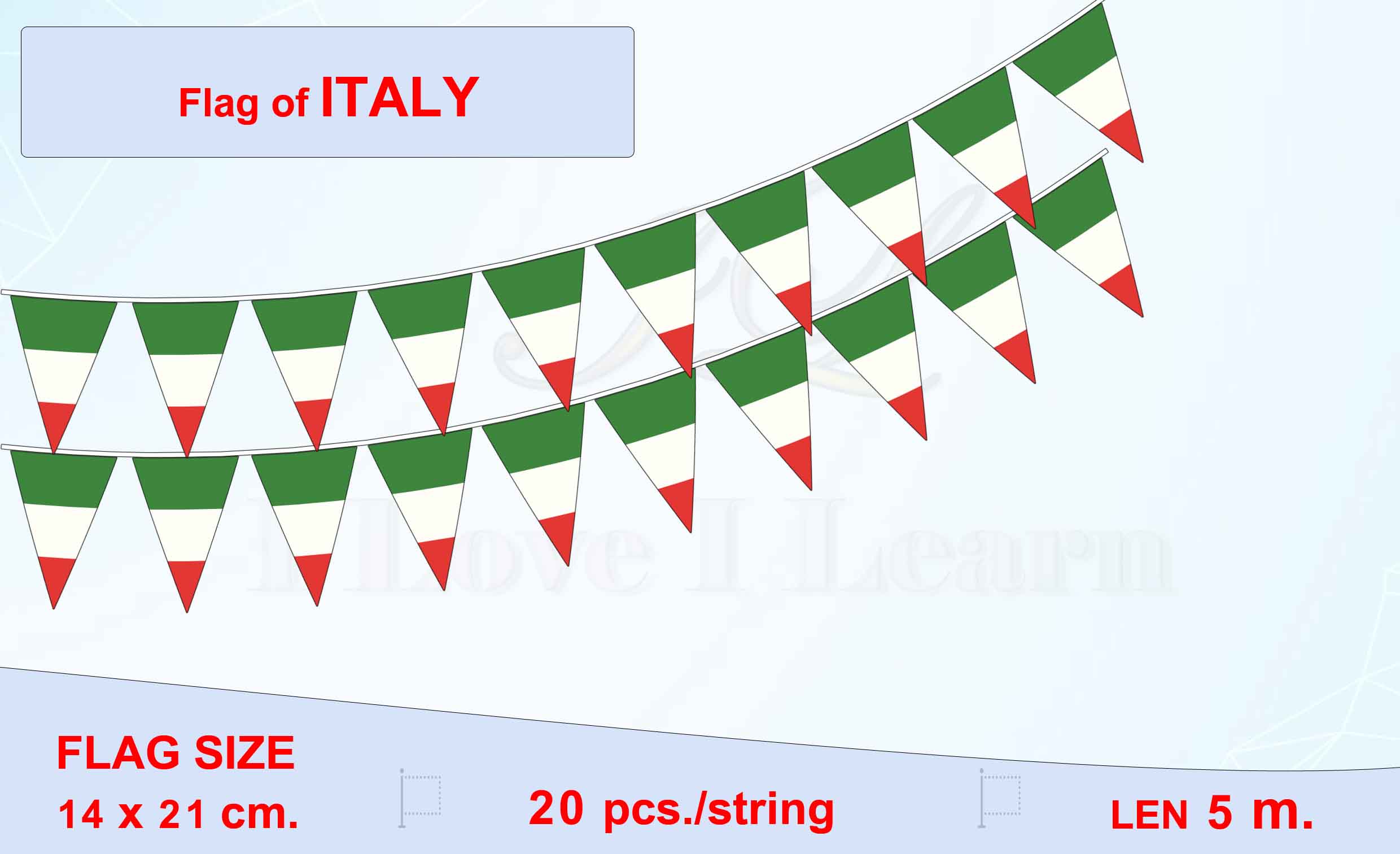 ธงชาติสาธารณรัฐอิตาลี (ธงราวอิตาลีแบบสามเหลี่ยม) La bandiera della Repubblica Italiana ( Italian Small Triangular Flag Decoration) สำหรับประดับตกแต่งในงาน ตกแต่งสถานที่ ราคาถูก