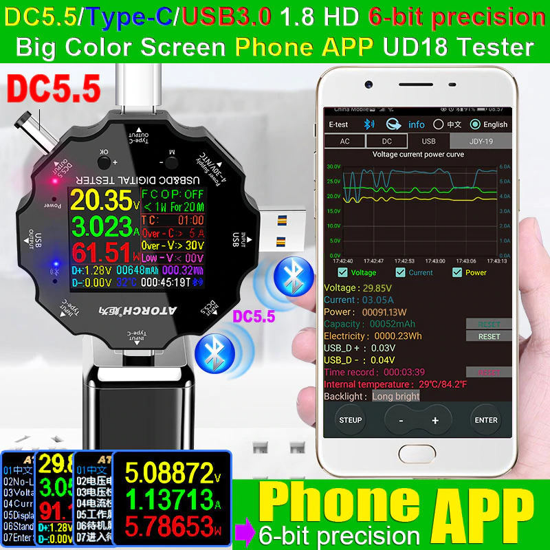 เครื่องวัดไฟ ATORCH UD18 USB 3.0 18in1 USB tester APP dc digital voltmeter ammeter voltimetro power bank voltage detector volt meter electric doctor