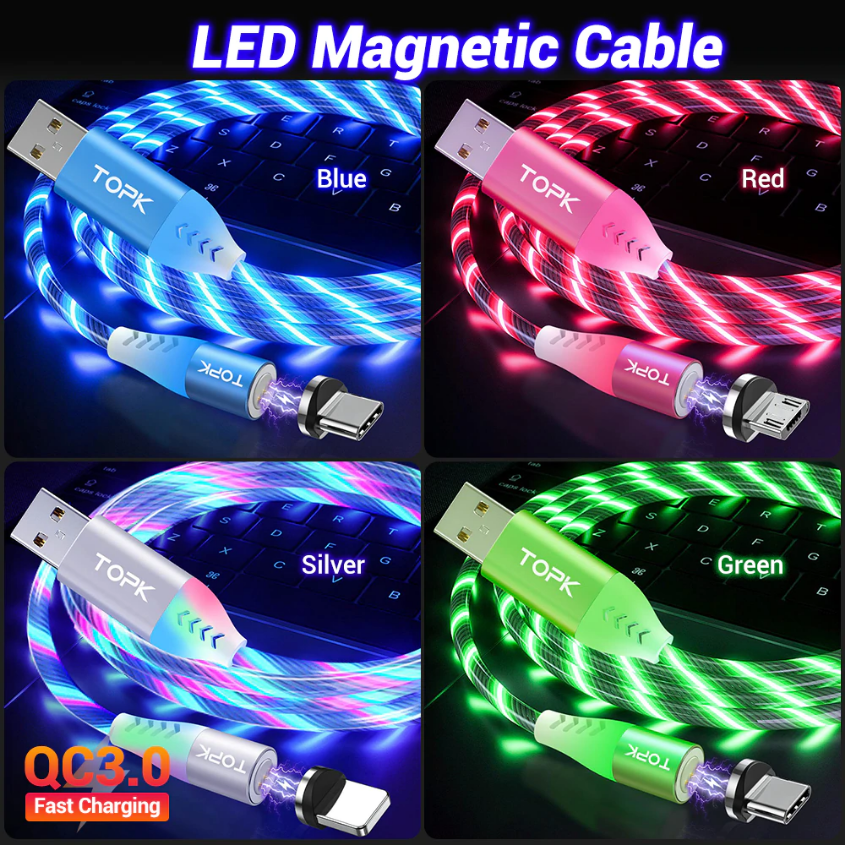 สายดาต้าหัวแม่เหล็กเรืองแสงแบบไฟวิ่งรองรับชาร์จด่วน TOPK 3A Flowing Light LED Magnetic Cable USB Type C Cable Fast charging Data Cable for Phone