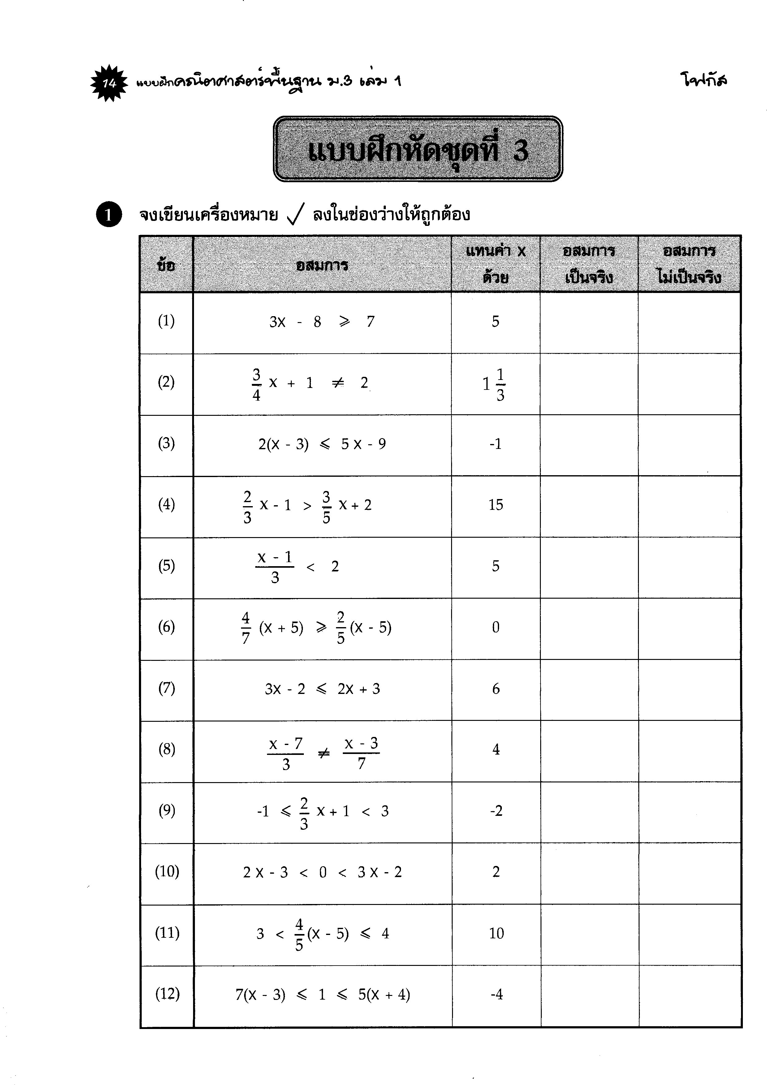 แบบฝึกคณิตศาสตร์พื้นฐานม.3 เล่ม 1+เฉลย (หลักสูตรใหม่) สำนักพิมพ์โฟกัส