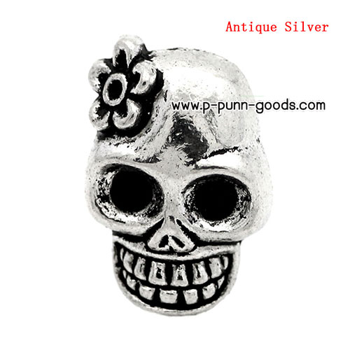ลูกปัดหัวกะโหลก (Sugar Skull) 20x13มม. สีเงินโบราณ