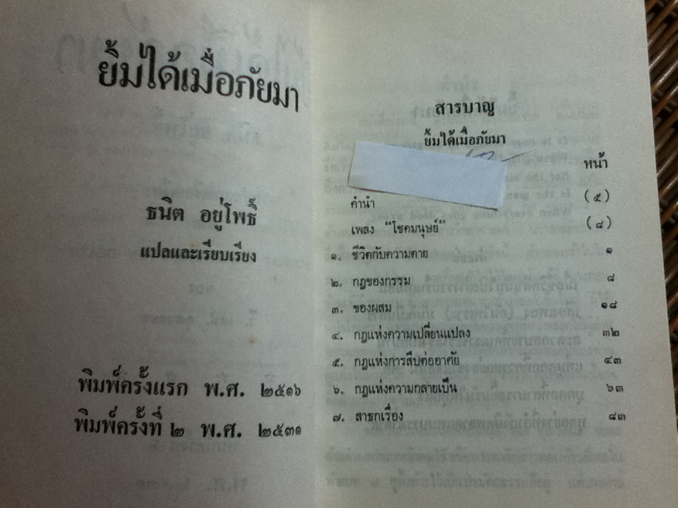 ยิ้มได้เมื่อภัยมา/ ธนิต อยู่โพธิ์ แปลและเรียบเรียงจาก Buddhist Reflections on Death ของ วี. เอฟ. คุณรตนะ