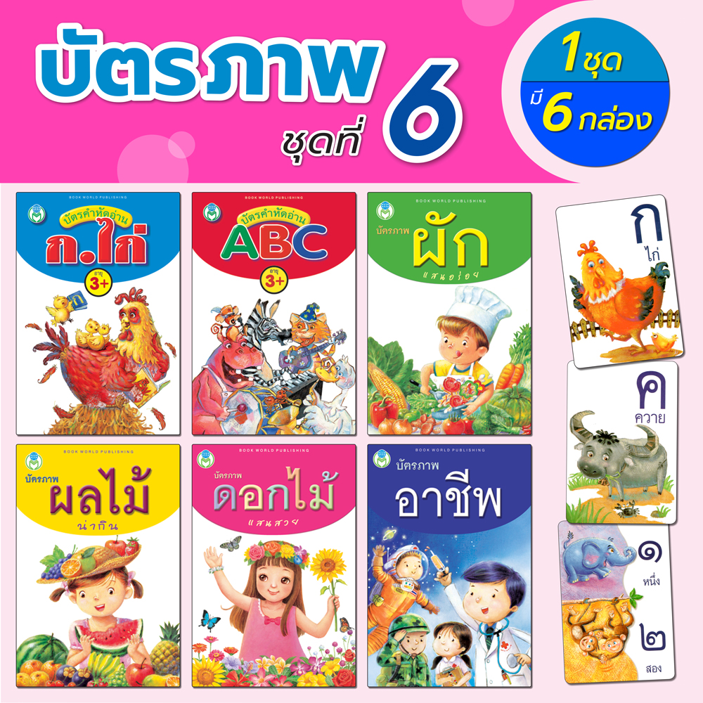 Book World Flash Card บัตรภาพชุดที่ 6 หัดอ่าน ABC, ก ไก่,ผักแสนอร่อย,ผลไม้น่ากิน,ดอกไม้แสนสวย,อาชีพ (1 ชุด มี 6 กล่อง)