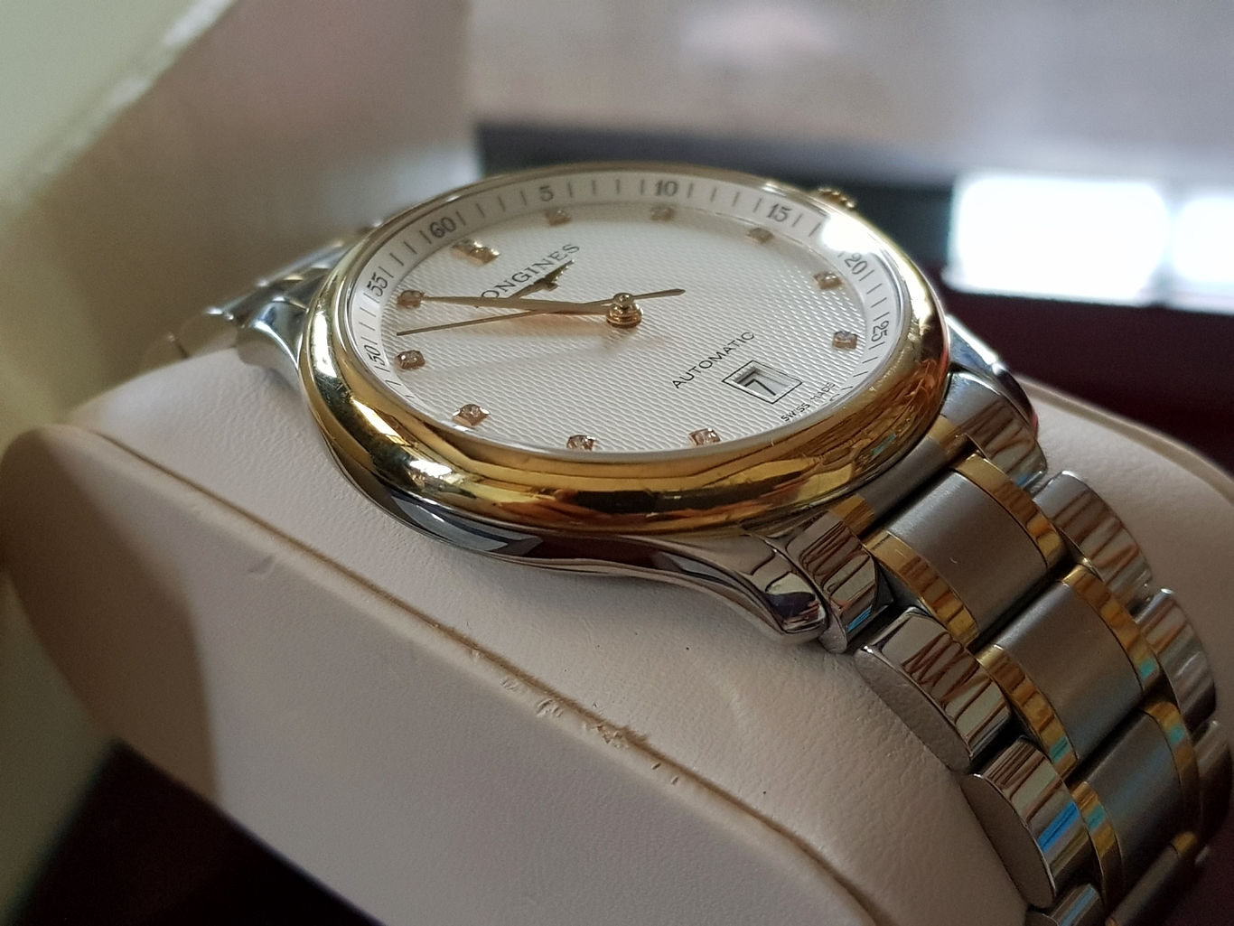 Longines Master Collection Date Automatic Stainless หุ้มทองคำ18k เพชรแท้12เม็ด 0.055กะรัต หน้าขาวลายผ้า