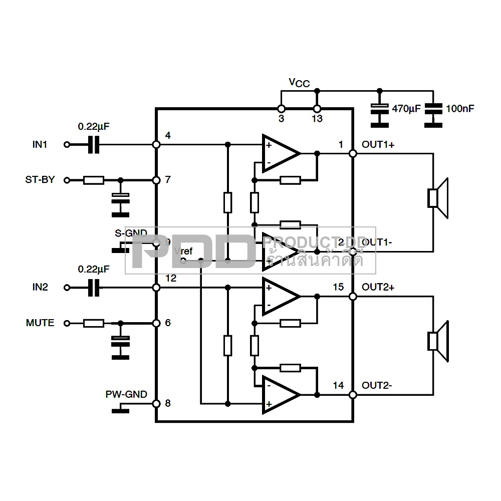 TDA7497 ไอซีขยายเสียงสเตอริโอ กำลังขยาย 2x15W แบบบริดจ์คู่ Dual Bridge Amplifier ไฟ DC 6-18V