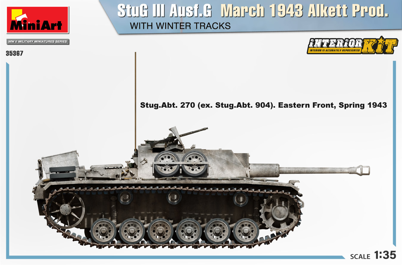 โมเดลรถถังเยอรมัน สงครามโลกครั้งที่ 2 MiniArt ขนาด 1/35 MI35367 StuG III Ausf. G March 1943 ALKETT PROD. WITH WINTER TRACKS. INTERIOR KIT