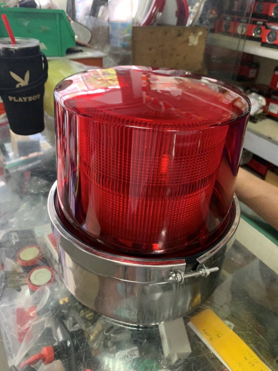 ไฟกระพริบ ฐานสเตนเลส LED ขนาด 8 นิ้ว 12-24V 220V แดง เหลือง น้ำเงิน
