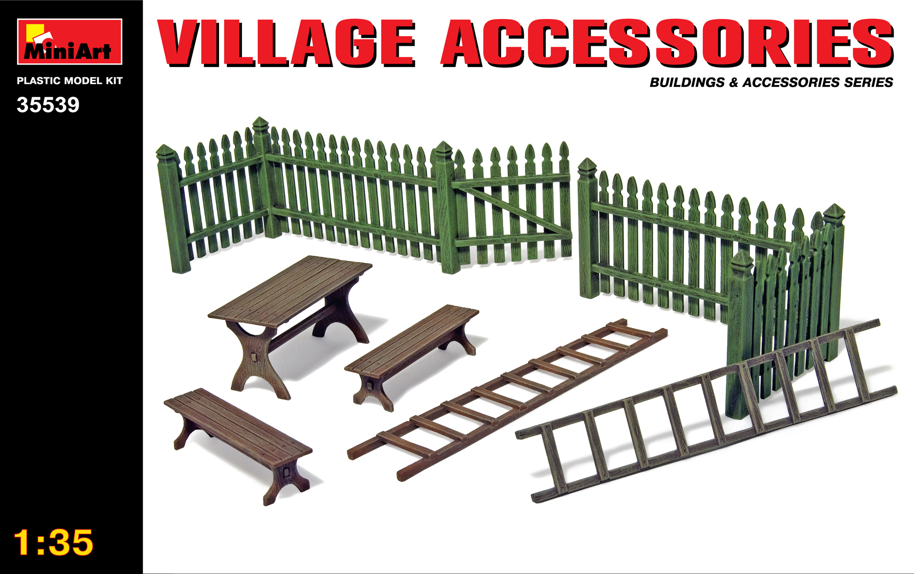 โมเดลฉากจำลองรั้ว เก้าอี้และบันไดไม้ MiniArt ขนาด 1/35 MI35539 VILLAGE ACCESSORIES