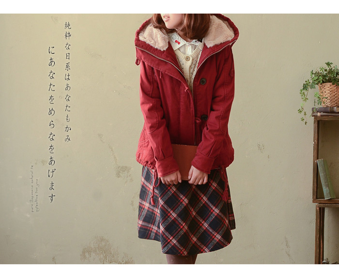 เสื้อโค้ทกันหนาผู้ใหญ่แบบขนหนา สีแดง ถอดหมวกไม่ได้