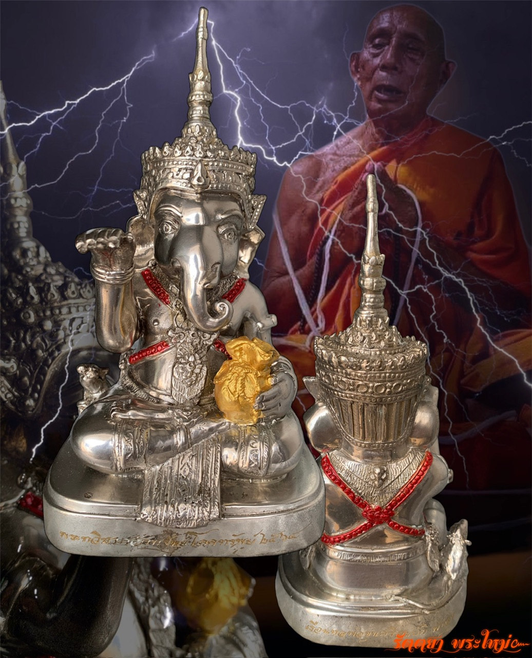 พระทวิชากวักทรัพย์ เรือนพ่อขุนศรีสมบัติ อธิฐานจิตโดย ตาหลวงเปลื้อง แห่งวัดพังดาน จ.พัทลุง เนื้อทองเหลืองขัดเงิน
