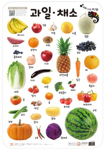 โปสเตอร์สี่สีอักษรเกาหลี-ผักผลไม้ 소리나는 벽그림 과일 채소 Color Korean Language Poster-Vegetables
